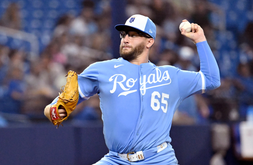 Kansas City Royals pitcher Noah Cameron throws during the fifth inning of a baseball game against the Tampa Bay Rays Wednesday, June 24, 2026, in St. Petersburg, Fla. (AP Photo/Jason Behnken)