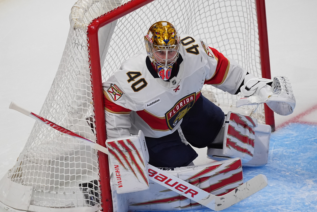 Florida Panthers goaltender Daniil Tarasov protects the net in the third period of an NHL hockey game against the Colorado Avalanche Thursday, Dec. 11, 2025, in Denver. (AP Photo/David Zalubowski)