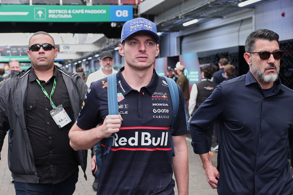 Red Bull driver Max Verstappen of the Netherlands, arrives at the Interlagos race track ahead of the Brazilian Formula One Grand Prix in Sao Paulo, Sunday, Nov. 9, 2025. (AP Photo/Ettore Chiereguini)