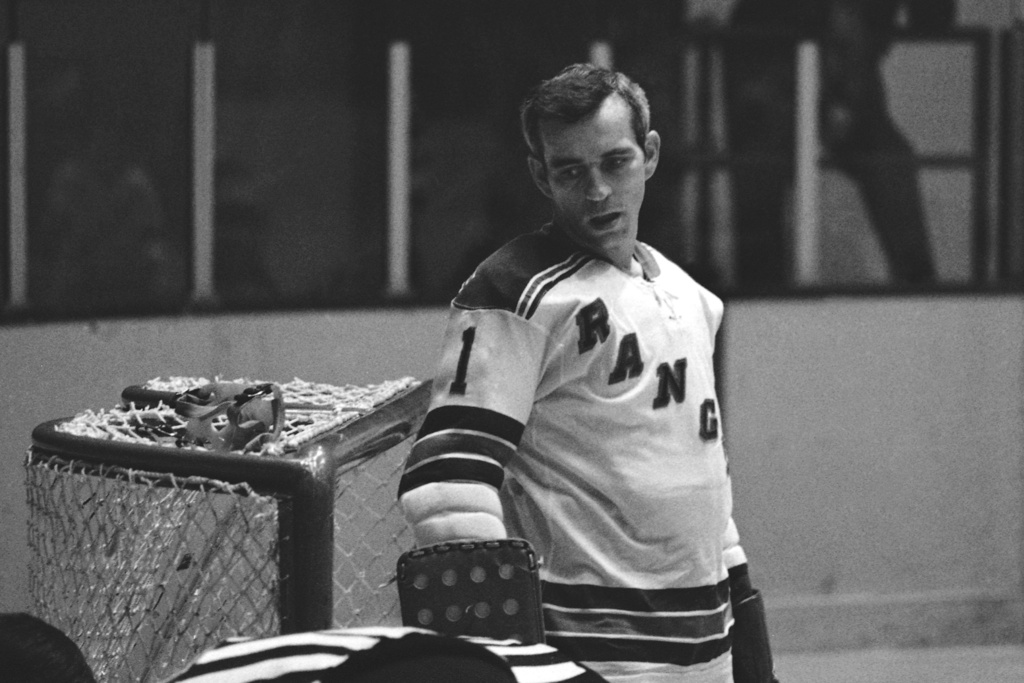 FILE - Ranger goalie Ed Giacomin at Rangers - Toronto game Oct. 21, 1970, New York won, 3-2. (AP Photo/John Lent, File)