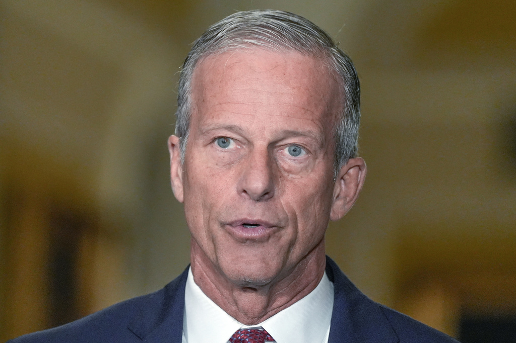 Sen. Majority Leader John Thune, R-S.D., speaks during a news conference after a policy luncheon on Capitol Hill, Tuesday, April 14, 2026, in Washington. (AP Photo/Mariam Zuhaib)