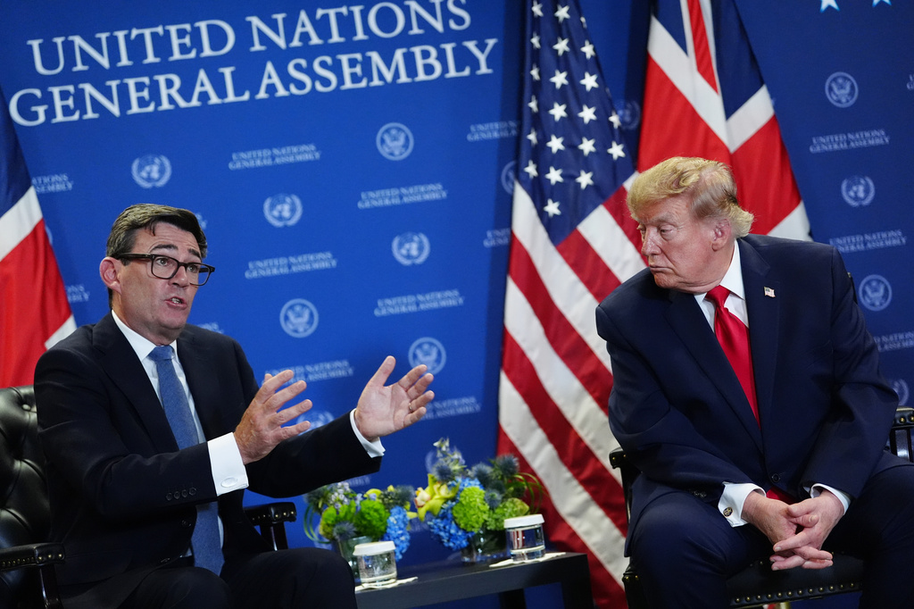 President Donald Trump meets with Britain's Prime Minister Andy Burnham during the United Nations General Assembly, Tuesday, Sept. 22, 2026, at the UN headquarters. (AP Photo/Julia Demaree Nikhinson)