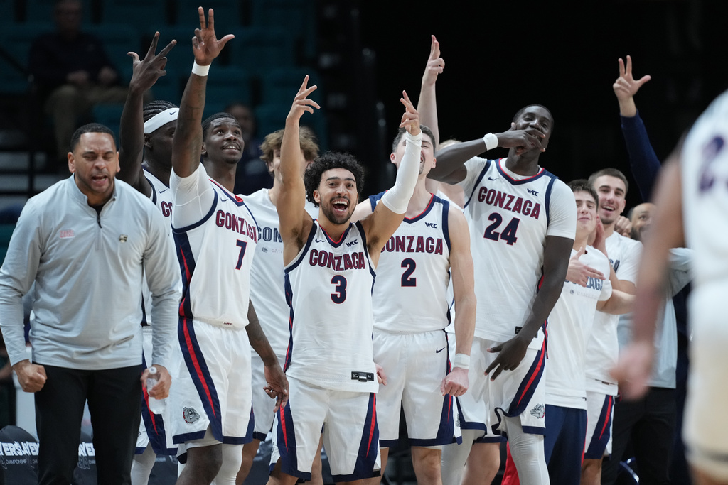 The Gonzaga bench celebrates a score against Maryland during the second half of an NCAA college basketball game in the Players Era tournament Las Vegas, Tuesday, Nov. 25, 2025. (AP Photo/Eric Gay)