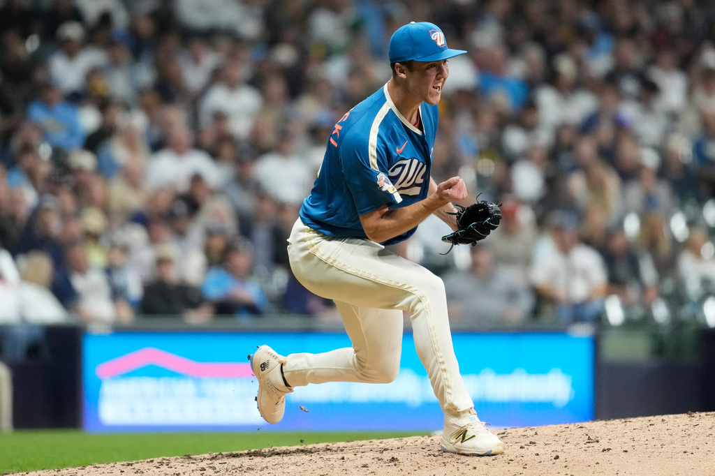 Milwaukee Brewers' Jacob Misiorowski reacts during the sixth inning of a baseball game against the New York Yankees, Friday, May 8, 2026, in Milwaukee. (AP Photo/Aaron Gash)