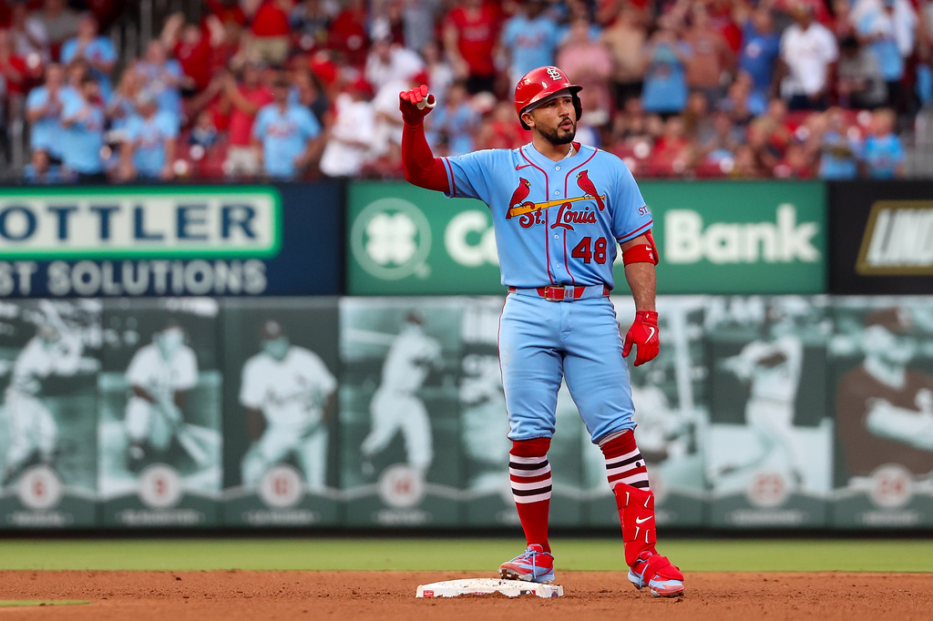 St. Louis Cardinals' Iván Herrera gestures from second base after hitting a two-RBI double during the sixth inning of a baseball game against the Cincinnati Reds Saturday, July 25, 2026, in St. Louis. (AP Photo/Scott Kane)