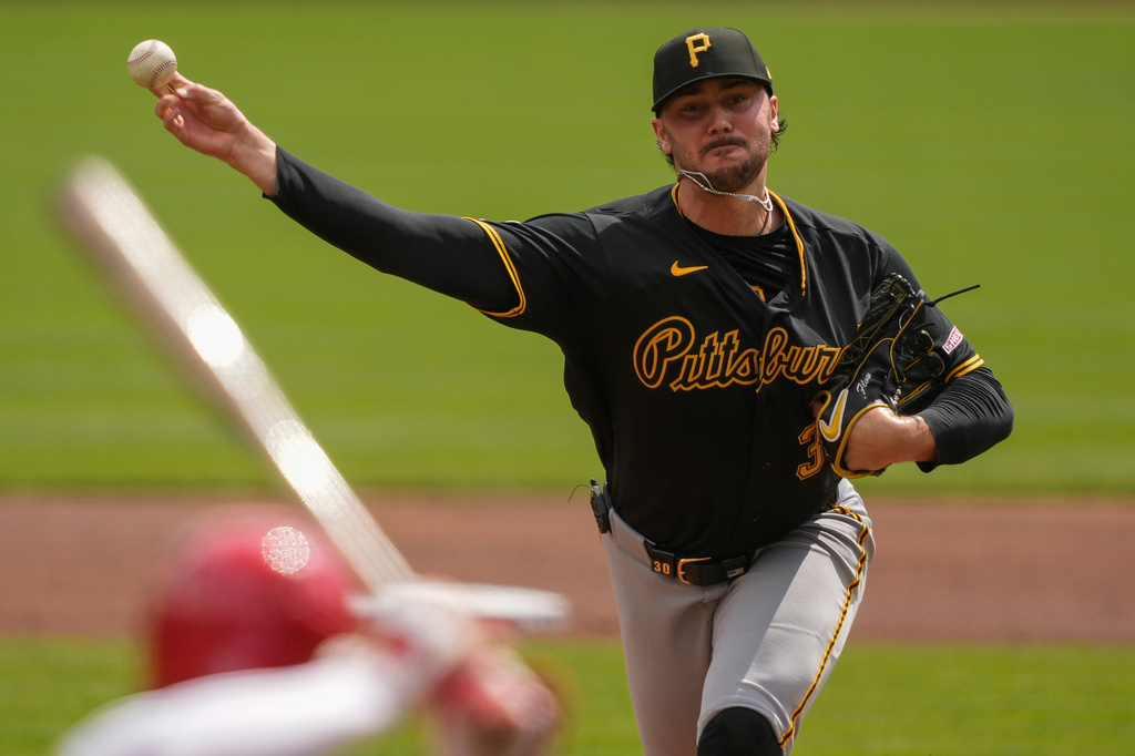Pittsburgh Pirates pitcher Paul Skenes throws during the first inning of a baseball game against the Cincinnati Reds in Cincinnati, Wednesday, April 1, 2026. (AP Photo/Carolyn Kaster)