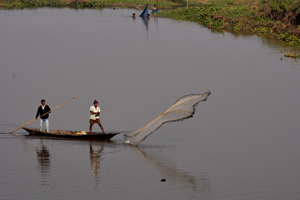 A villager fishing with a net during a community fishing as part of Bhogali Bihu celebrations which mark the end of the harvest season at Jalikhora village east of Guwahati, India, Tuesday, Jan. 13, 2026. (AP Photo/Anupam Nath)