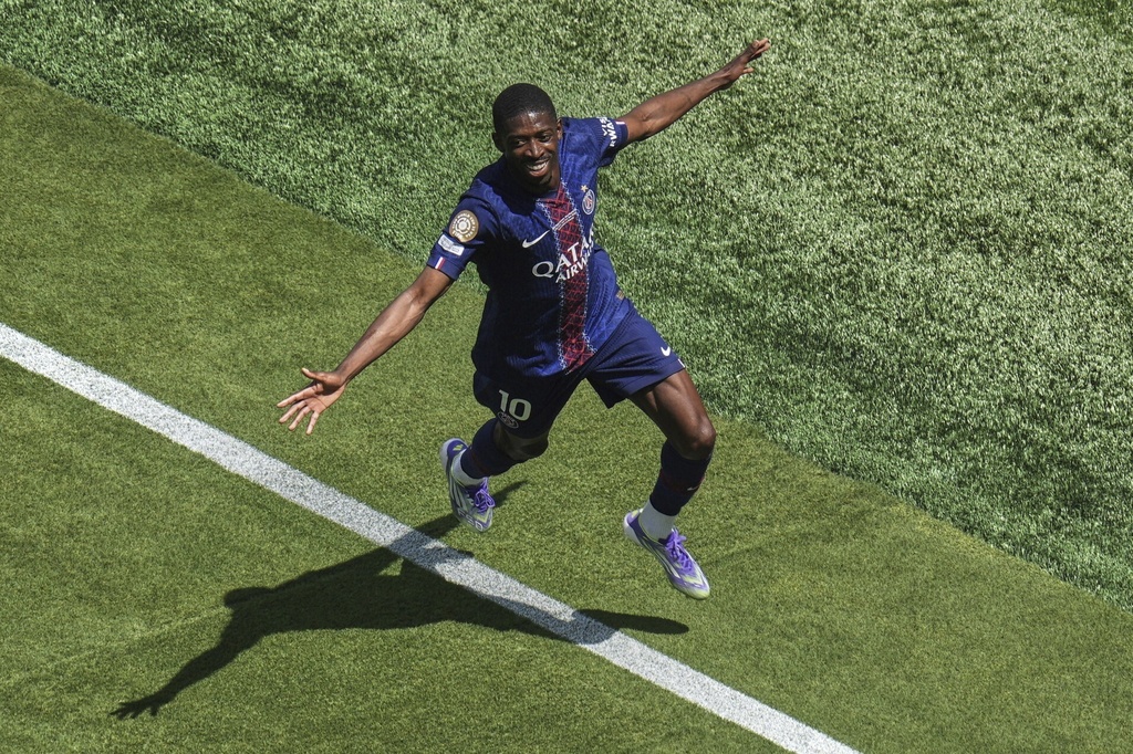 FILE - Paris Saint-Germain's Ousmane Dembele celebrates after scoring during the Club World Cup semifinal soccer match between PSG and Real Madrid in East Rutherford, N.J., Wednesday, July 9, 2025. (AP Photo/Pamela Smith, File)