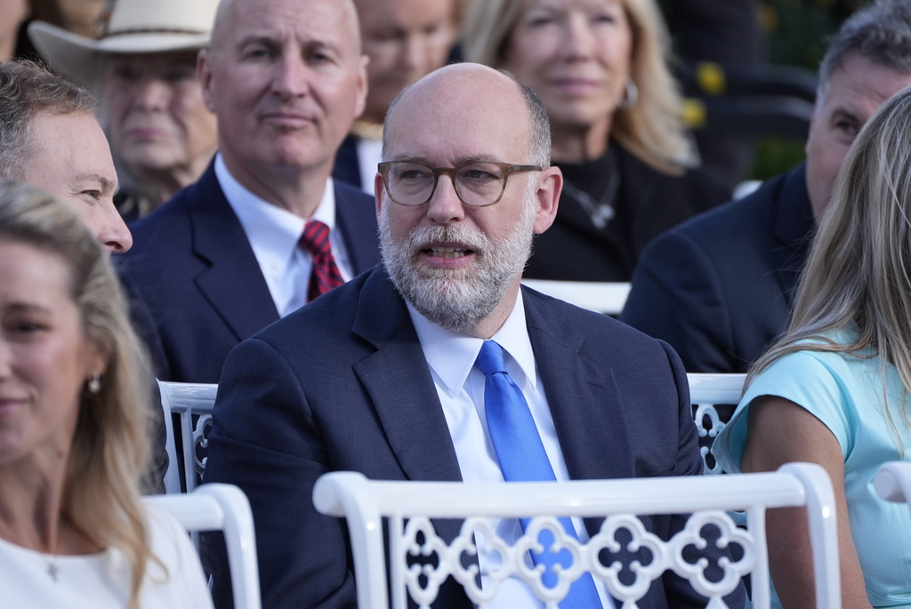 Russell Vought, Director of the Office of Management and Budget, attends a ceremony where President Donald Trump will present the Presidential Medal of Freedom for Charlie Kirk to his widow Erika Kirk in the Rose Garden of the White House, Tuesday, Oct. 14, 2025, in Washington. (AP Photo/Mark Schiefelbein)