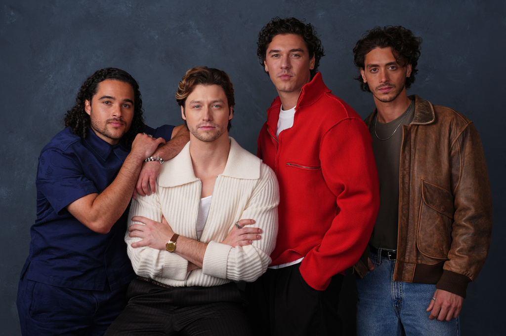 Cast members, from left, Jalen Thomas Brooks, Stephen Kalyn, Belmont Cameli and Antonio Cipriano pose for a portrait to promote the series "Off Campus" on Tuesday, April 28, 2026, in West Hollywood, Calif. (AP Photo/Chris Pizzello)