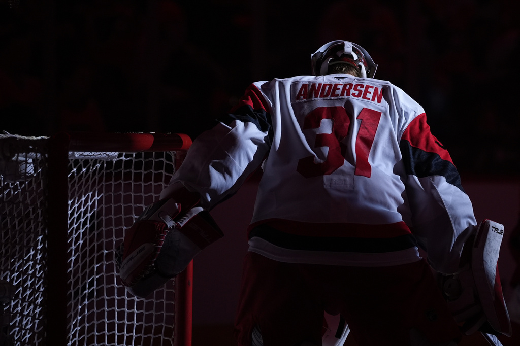 Carolina Hurricanes' Frederik Andersen warms up before the second period of Game 4 in a second-round NHL hockey Stanley Cup playoff series against the Philadelphia Flyers, Saturday, May 9, 2026, in Philadelphia. (AP Photo/Matt Slocum)