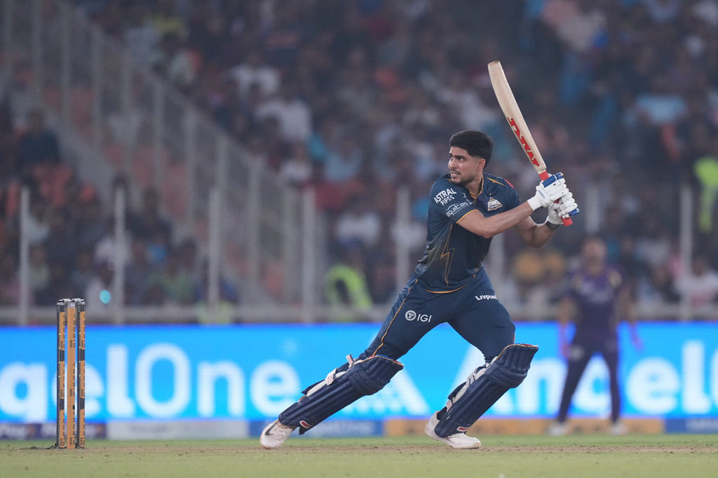 Gujarat Titans' captain Shubman Gill plays a shot during the Indian Premier League cricket match between Gujarat Titans and Kolkata Knight Riders in Ahmedabad, India, Friday, April 17, 2026. (AP Photo/Ajit Solanki)
