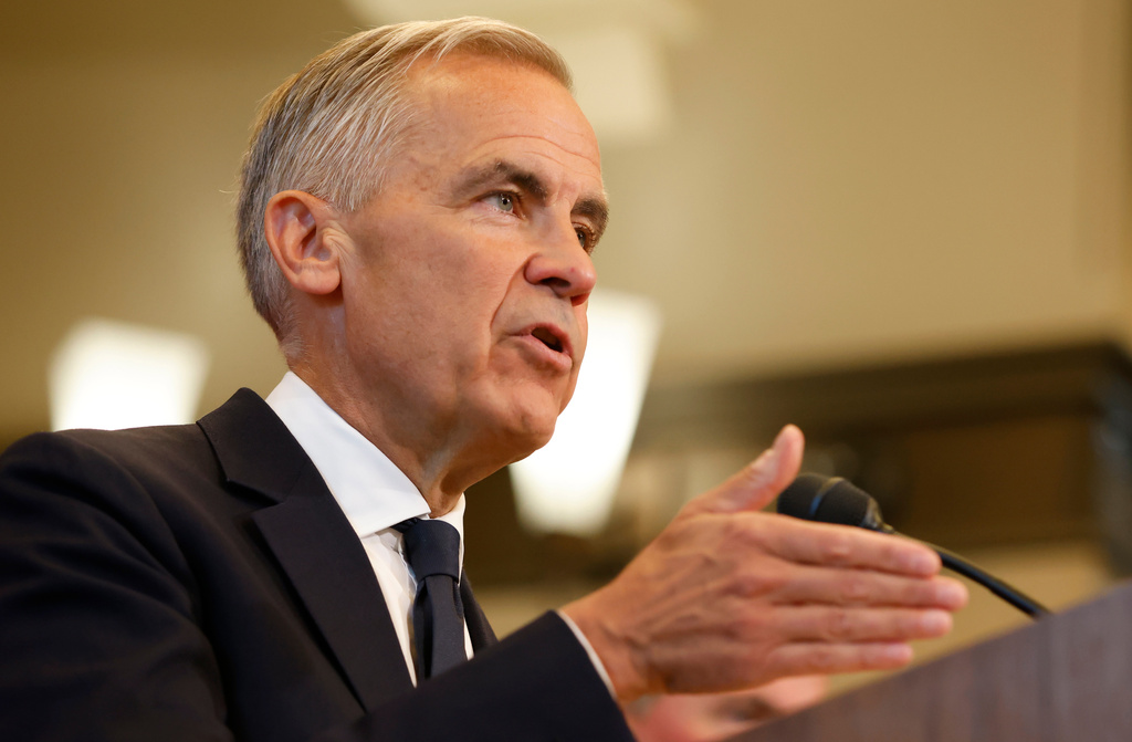Prime Minister Mark Carney speaks about Canada's response to new U.S. tariffs during a news conference on Parliament Hill in Ottawa on Saturday, Aug. 22, 2026. (Patrick Doyle/The Canadian Press via AP)