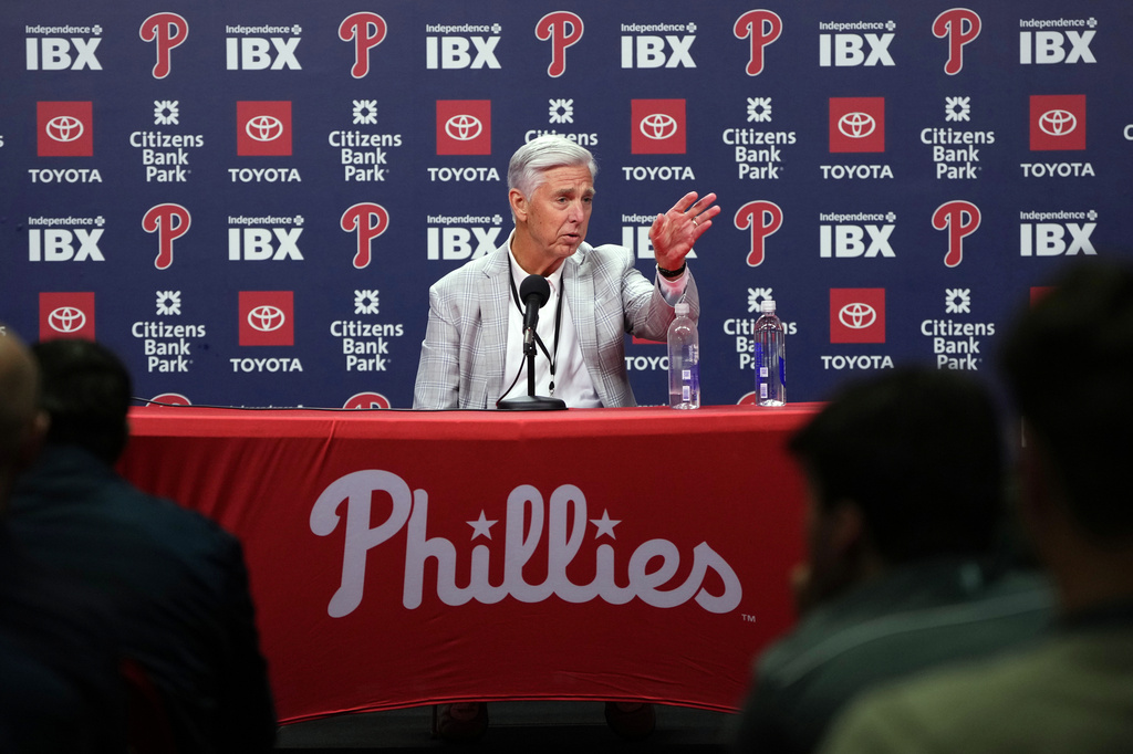 FILE - Philadelphia Phillies president of baseball operations Dave Dombrowski speaks during a news conference before a baseball game against the San Francisco Giants, April 28, 2026, in Philadelphia. (AP Photo/Matt Slocum, File)