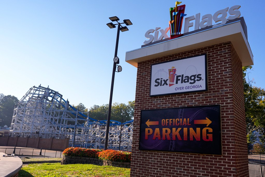 Attractions are seen at Six Flags Over Georgia, about 15 miles (24 kilometers) northwest of Atlanta, Tuesday, Oct. 13, 2026. (AP Photo/Mike Stewart)