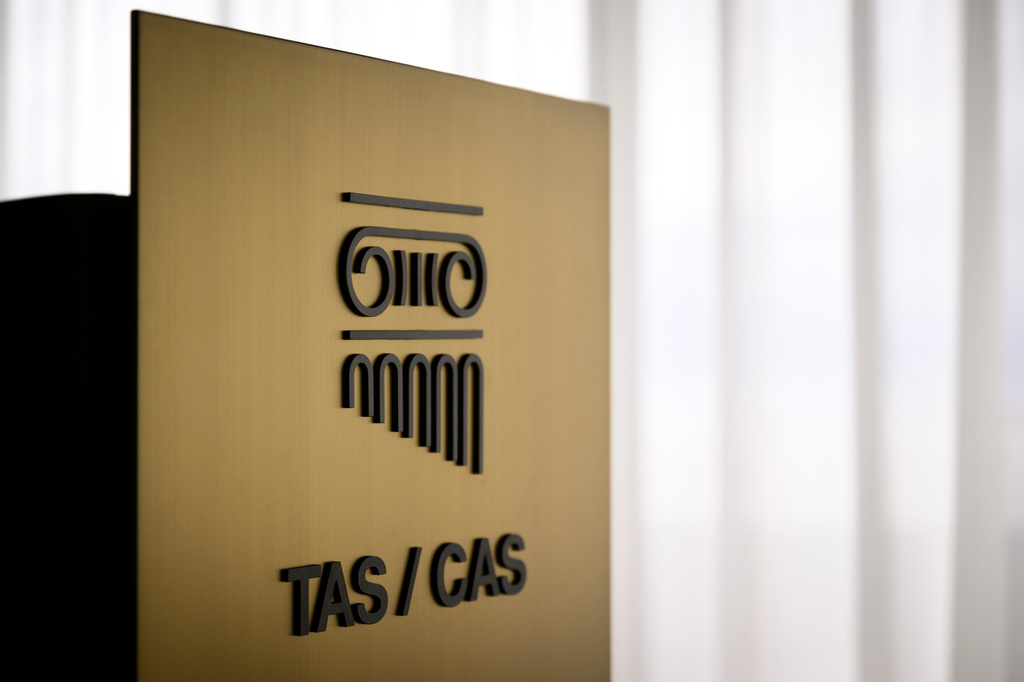 FILE - A TAS/CAS logo is pictured during the inauguration of the new headquarters of the international Court of Arbitration for Sport, CAS, at the Palais de Beaulieu in Lausanne, Switzerland, Monday, June 27, 2022. (Laurent Gillieron/Keystone via AP, File)