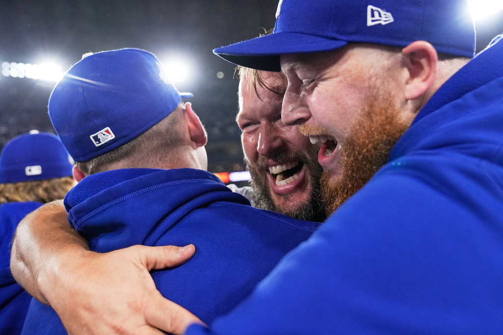 Los Angeles Dodgers pitcher Clayton Kershaw celebrates after their win against the Toronto Blue Jays in Game 7 of baseball's World Series, Sunday, Nov. 2, 2025, in Toronto. (AP Photo/Brynn Anderson)