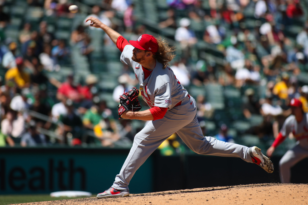 St. Louis Cardinals pitcher Ryne Stanek throws to a Athletics batter during the seventh inning of a baseball game, Thursday, May 14, 2026, in West Sacramento, Calif. (AP Photo/Scott Marshall)