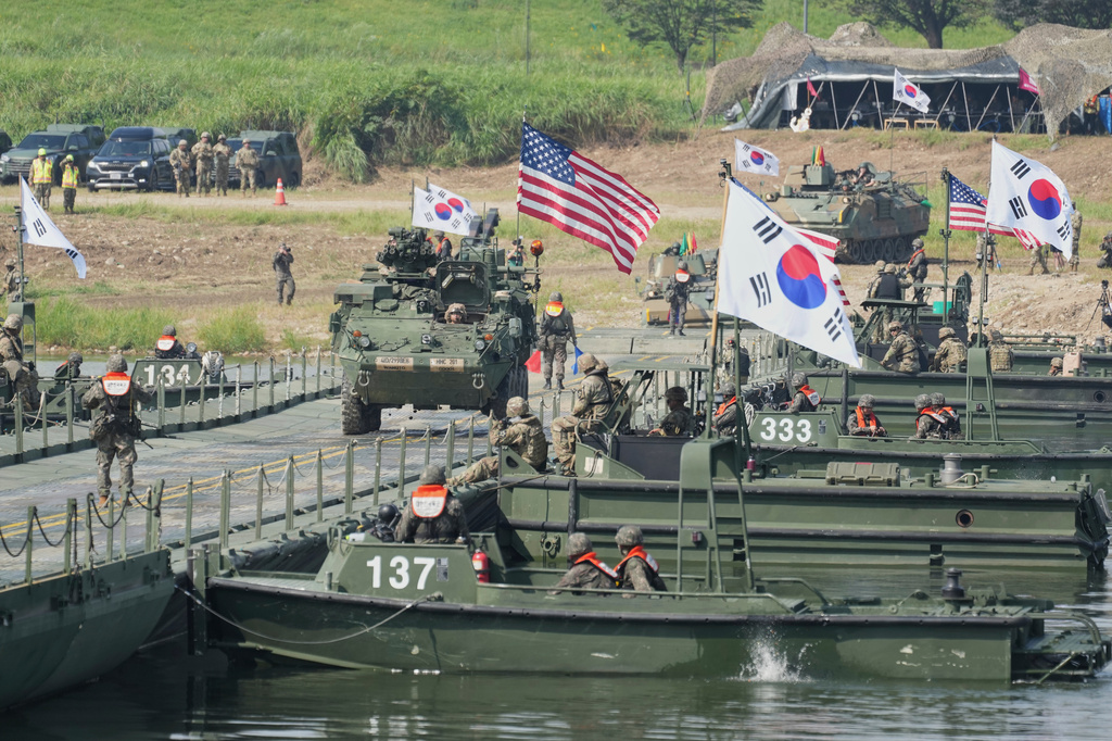 FILE - A vehicle from U.S. Army's the Stryker Combat Team crosses a floating bridge on the Namhan River during the combined river-crossing drill between South Korea and the United States as a part of the Ulchi Freedom Shield 25 in Yeoju, South Korea, Aug. 27, 2025. (AP Photo/Lee Jin-man, File)