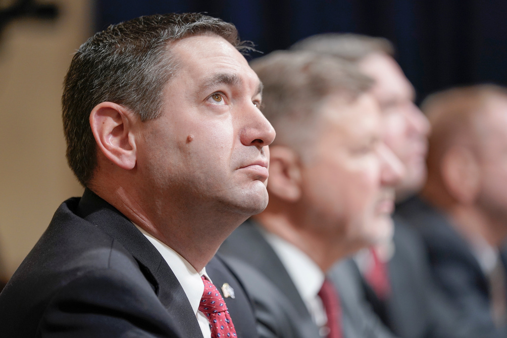 FILE - Montana Attorney General Austin Knudsen, left, testifies during a House Committee on Homeland Security hearing on Capitol Hill, in Washington, on Jan. 10, 2024. (AP Photo/Mariam Zuhaib, File)