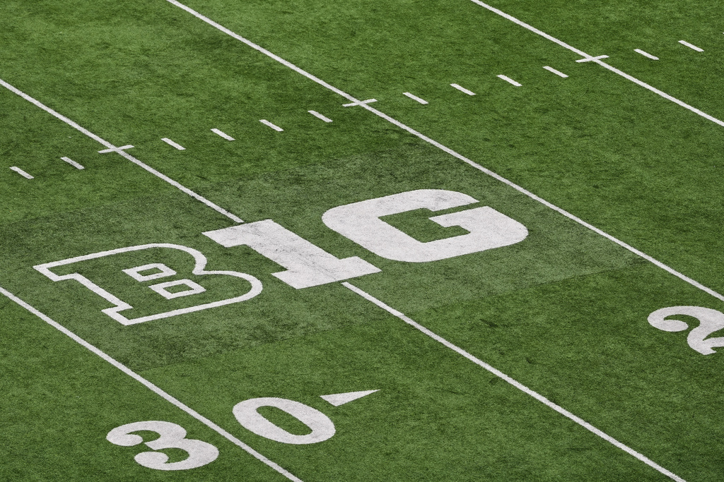FILE - The Big Ten logo is seen on the field at Husky Stadium during an NCAA college football game, Oct. 25, 2025, in Seattle. (AP Photo/Lindsey Wasson, File)