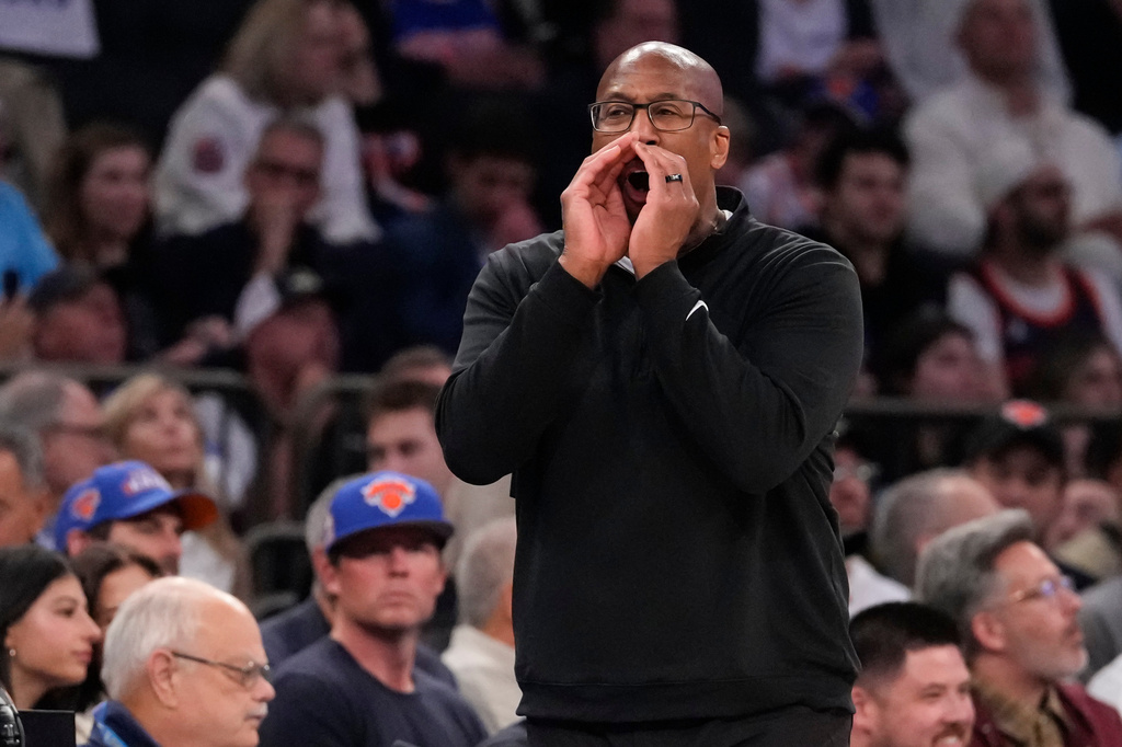 New York Knicks head coach Mike Brown screams during the first half of Game 2 in a second-round NBA basketball playoffs series against the Philadelphia 76ers, Wednesday, May 6, 2026, in New York. (AP Photo/Yuki Iwamura)