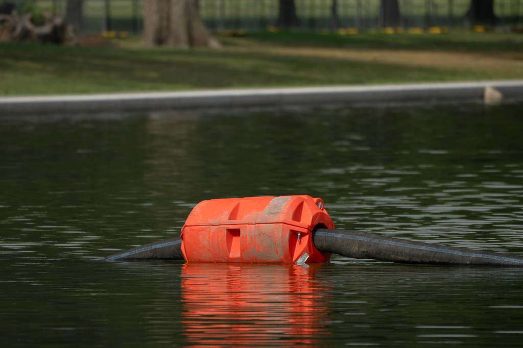 A length of hose supported by a float is pictured in the Lincoln Memorial Reflecting Pool, Friday, July 10, 2026, in Washington. (AP Photo/Mark Schiefelbein)