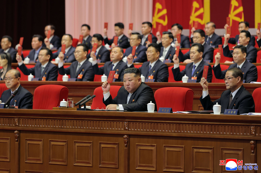 This photo provided Monday, Feb. 23, 2026, by the North Korean government, its leader Kim Jong Un, center, attends the ruling Workers’ Party Congress in Pyongyang, Sunday, Feb. 22, 2026. Independent journalists were not given access to cover the event depicted in this image distributed by the North Korean government. The content of this image is as provided and cannot be independently verified. Korean language watermark on image as provided by source reads: "KCNA" which is the abbreviation for Korean Central News Agency. (Korean Central News Agency/Korea News Service via AP)