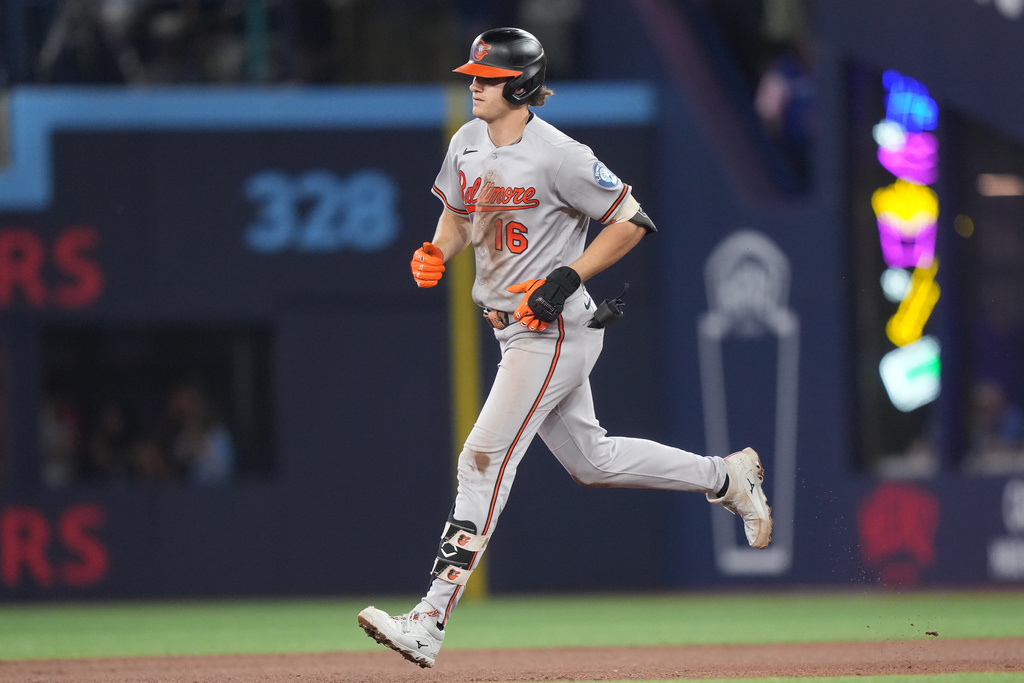 Baltimore Orioles' Coby Mayo rounds the bases after hitting a home run against the Toronto Blue Jays during sixth-inning baseball game action in Toronto, Friday, June 5, 2026. (Nathan Denette/The Canadian Press via AP)