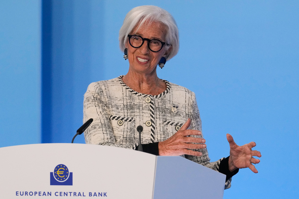 President of European Central Bank Christine Lagarde addresses the media during a press conference after an ECB's governing council meeting in Frankfurt, Germany, Thursday, April 30, 2026. (AP Photo/Michael Probst)