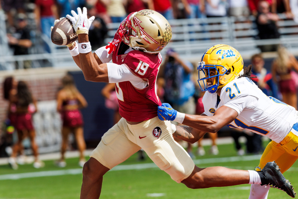 Florida State wide receiver Micahi Danzy (19) pulls in a touchdown pass as Pittsburgh defensive back Shadarian Harrison (21) hangs on during the first half of an NCAA college football game, Saturday, Oct. 11, 2025, in Tallahassee, Fla. (AP Photo/Colin Hackley)