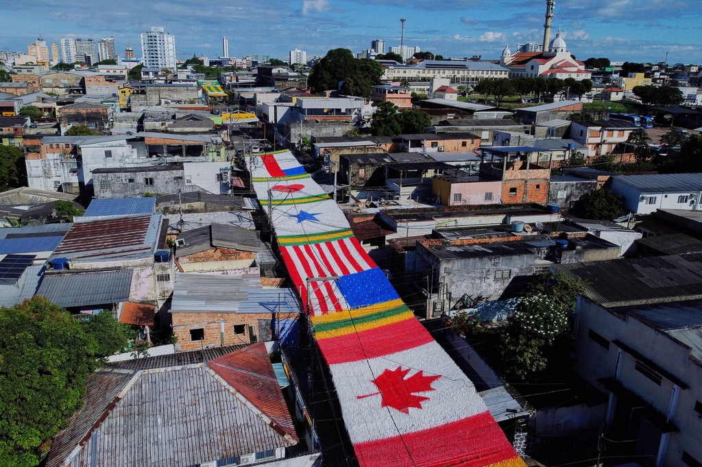 Decorations adorn a street ahead of the 2026 FIFA World Cup, in Manaus, Brazil, Sunday, May 17, 2026. (AP Photo/Edmar Barros)