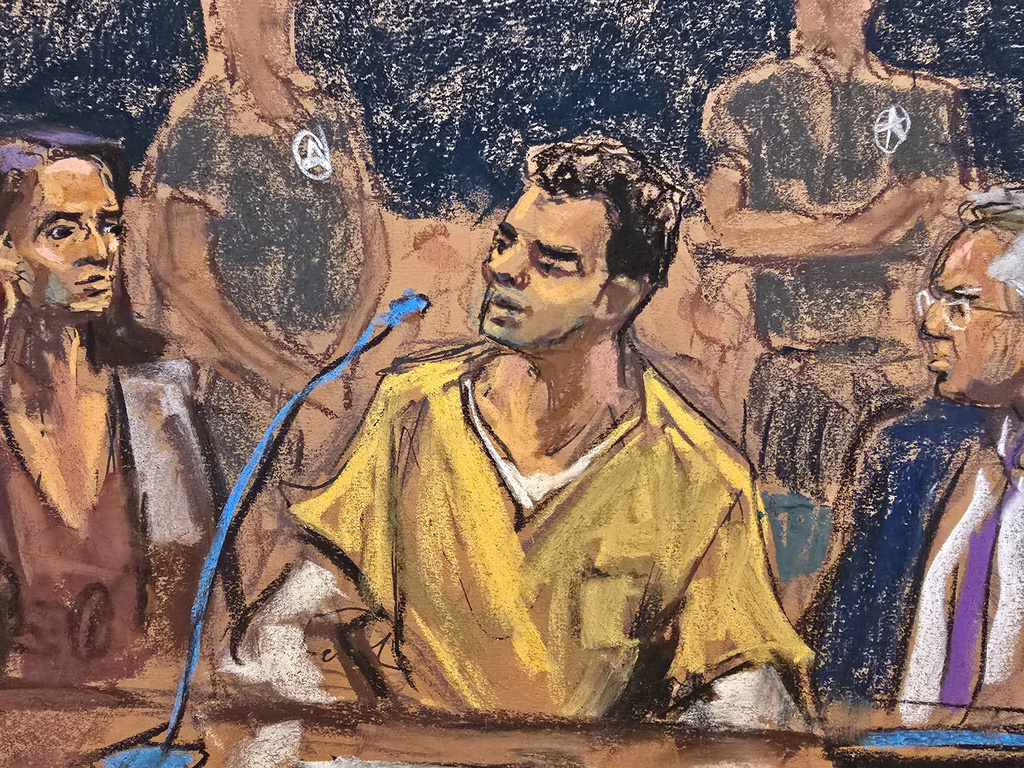 In this courtroom sketch, Luigi Mangione, center, sits between his attorneys, Karen Friedman Agnifilo, left, and Marc Agnifilo, right, before pleading guilty to federal stalking charges in the killing of UnitedHealthcare CEO Brian Thompson, Friday, Aug. 14, 2026, in New York. (Jane Rosenberg via AP)