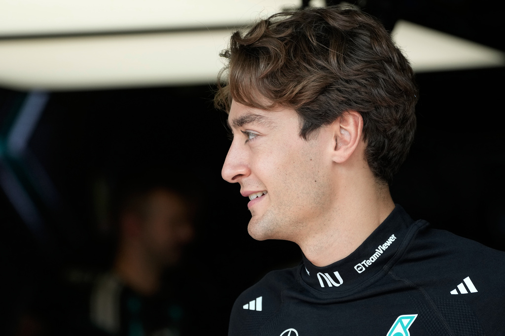Mercedes driver George Russell of Britain smiles during the third free practice ahead of the Azerbaijan F1 Grand Prix, in Baku, Azerbaijan, Friday, Sept. 25, 2026. (AP Photo/Darko Bandic)