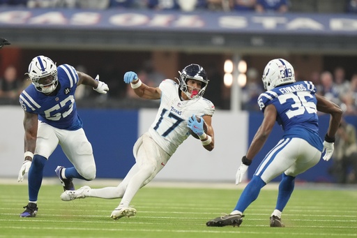 Tennessee Titans wide receiver Chimere Dike (17) runs against Indianapolis Colts safety Reuben Lowery III (36) and linebacker Germaine Pratt (53) during the first half an NFL football game, Sunday, Oct. 26, 2025, in Indianapolis. (AP Photo/AJ Mast) Tennessee Titans wide receiver Chimere Dike (17) runs against Indianapolis Colts safety Reuben Lowery III (36) and linebacker Germaine Pratt (53) during the first half an NFL football game, Sunday, Oct. 26, 2025, in Indianapolis. (AP Photo/AJ Mast)