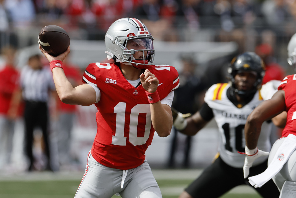 Ohio State quarterback Julian Sayin looks to throw a pass against Grambling State during the first half of an NCAA college football game, Saturday, Sept. 6, 2025, in Columbus, Ohio. (AP Photo/Jay LaPrete)