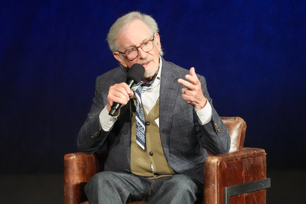 Steven Spielberg, winner of the MPA America250 Award, speaks during the Universal Pictures and Focus Features presentation at CinemaCon on Wednesday, April 15, 2026, at Caesars Palace in Las Vegas. (AP Photo/Chris Pizzello)
