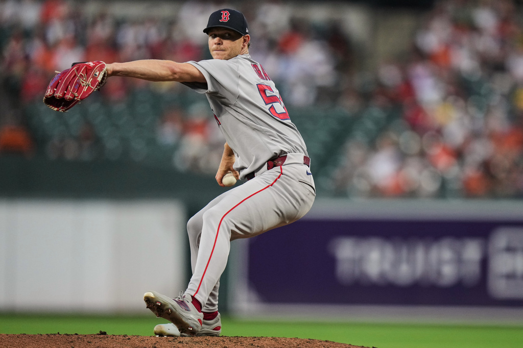 Boston Red Sox starting pitcher Sonny Gray delivers during the first inning of a baseball game against the Baltimore Orioles, Saturday, Sept. 5, 2026, in Baltimore. (AP Photo/Stephanie Scarbrough)