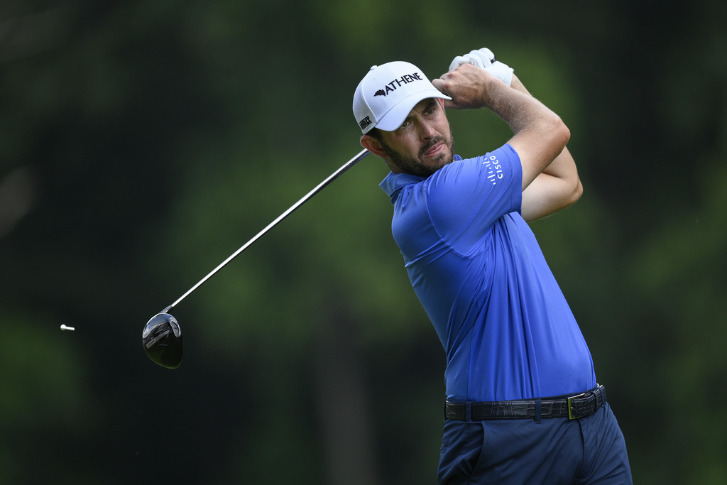 Patrick Cantlay hits from the seventh tee during the first round of the BMW Championship golf tournament Thursday, Aug. 14, 2025, in Owings Mills, Md. (AP Photo/Nick Wass)