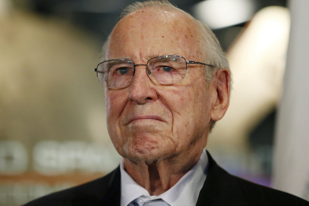 FILE - Capt. James A. Lovell, Jr., attends the 45th Anniversary of Apollo 8 "Christmas Eve Broadcast to Earth" event at the Museum of Science and Industry in Chicago, Monday, Dec. 23, 2013. (AP Photo/Kamil Krzaczynski, File)