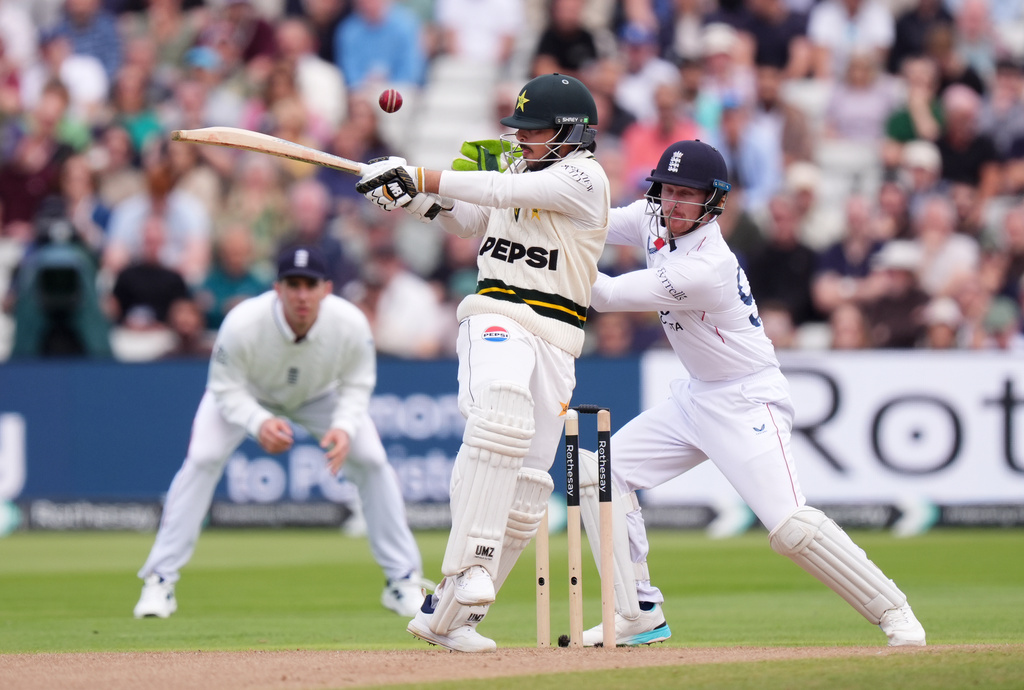Pakistan's Azan Awais bats on day three of the third Test in Birmingham, England, Friday Sept. 11, 2026. (Mike Egerton/PA via AP)