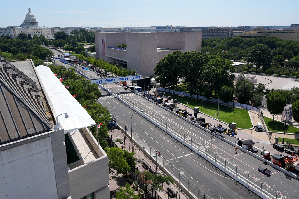 The race track is seen on Pennsylvania Ave., near the National Gallery of Art, East Building, and the U.S. Capitol, ahead of the Freedom 250 Grand Prix auto race, Friday, Aug. 21, 2026, in Washington. (AP Photo/Alex Brandon)