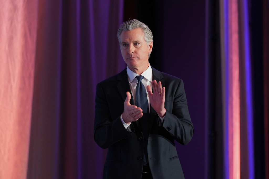 Gov. Gavin Newsom is introduced at the National Association of Latino Elected and Appointed Officials conference in Los Angeles, Tuesday, July 14, 2026. (AP Photo/Jae C. Hong)