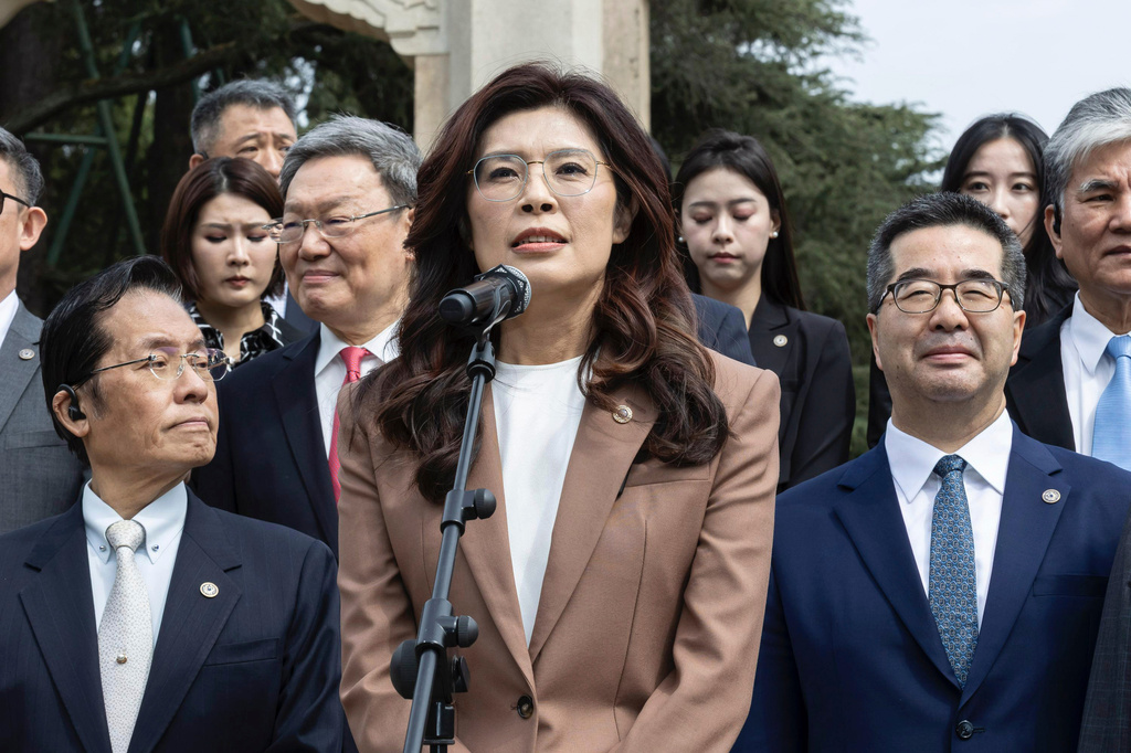 In this photo taken April 8, 2026 and released by Kuomintang, Taiwan's Kuomintang (KMT) leader Cheng Li-wun speaks at the Sun Yat-sen Mausoleum in Nanjing, eastern China's Jiangsu province. (Kuomintang via AP)