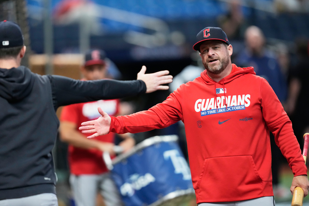 Cleveland Guardians manager Stephen Vogt arrives for batting practice before Game 2 of an American League Championship Series baseball game against the Tampa Bay Rays in St. Petersburg, Fla. Tuesday, Oct. 13, 2026. (AP Photo/David J. Phillip)
