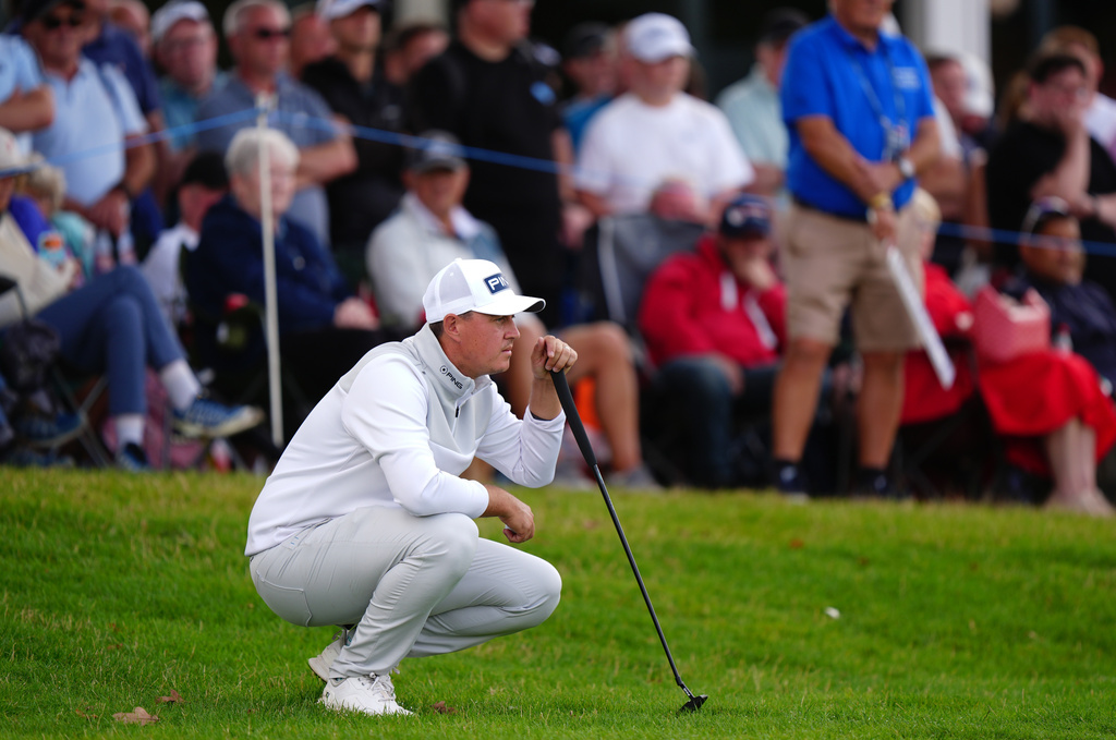 Joe Dean of England on the 18th hole during day four of the British Masters at The Belfry Hotel & Resort, Sutton Coldfield, England, Sunday Aug. 30, 2026. (Bradley Collyer/PA via AP)