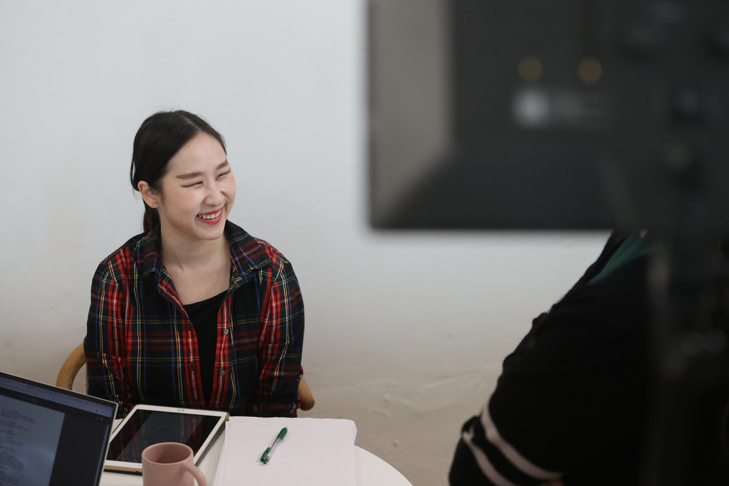 Amy Baik, a South Korean actor, performs a scene for an English-language demo reel she plans to submit to Hollywood casting directors in Seoul, Sunday, Nov. 9, 2025. (AP Photo/Juwon Park)