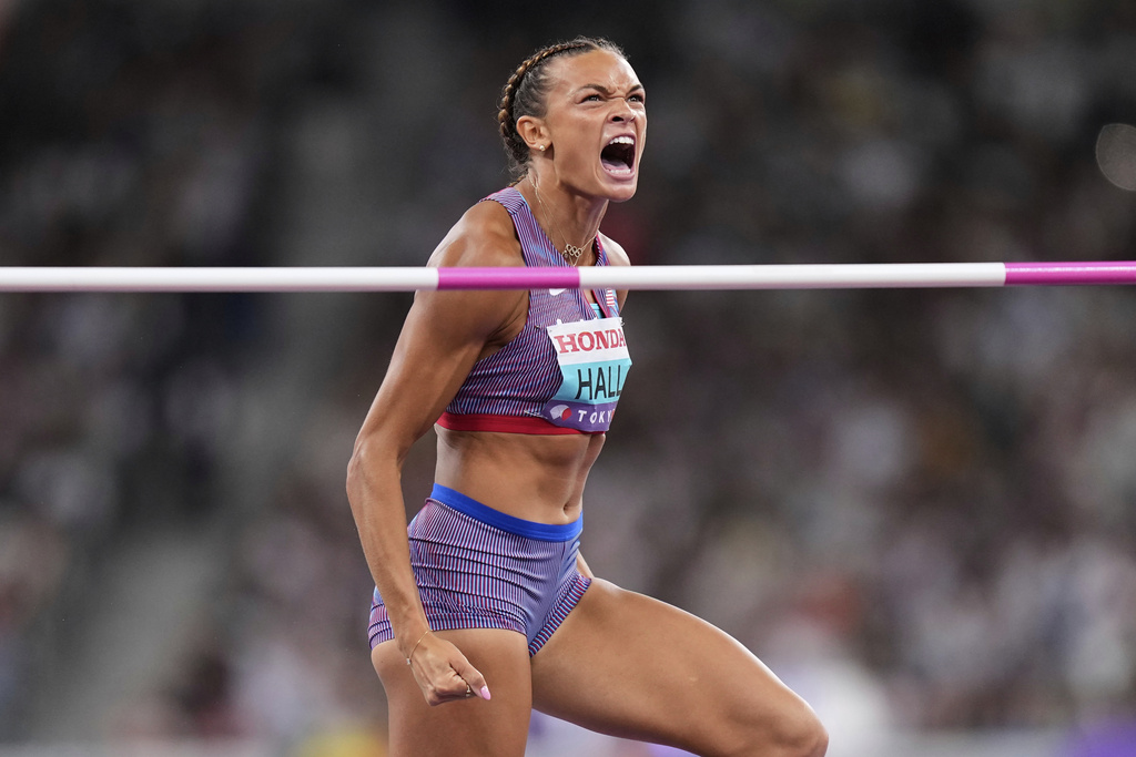 United States' Anna Hall reacts after making an attempt in the women's heptathlon high jump at the World Athletics Championships in Tokyo, Friday, Sept. 19, 2025. (AP Photo/Eugene Hoshiko)