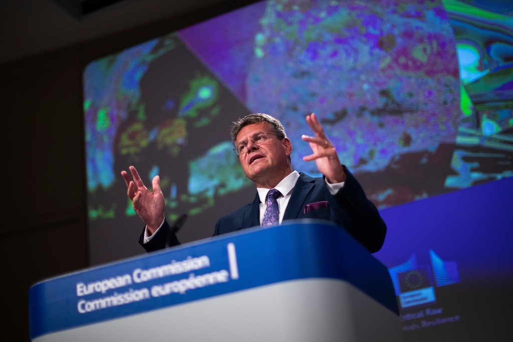 FILE - European Commissioner for Inter-institutional Relations and Foresight Maros Sefcovic talks to journalists during an online news conference at the EU headquarters in Brussels, Sept. 3, 2020. (AP Photo/Francisco Seco, Pool, FILE)