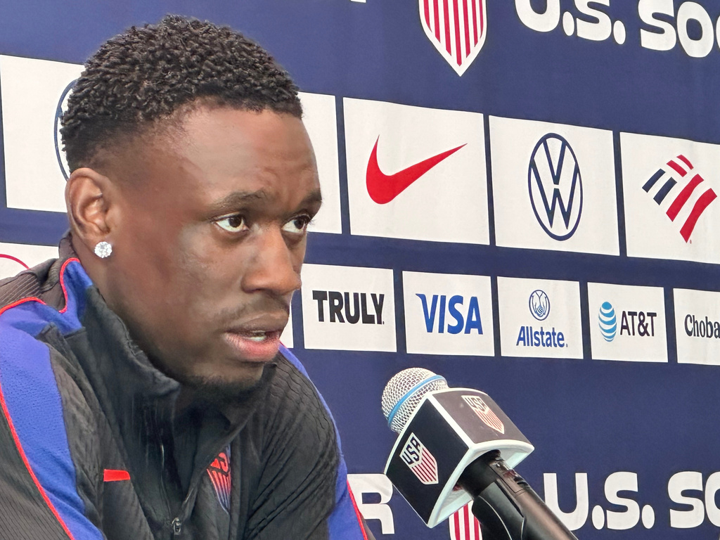 Unites States' Folarin Balogun speaks during a news conference before the men's national soccer team training, Friday, March 27, 2026, in Marietta, Ga. (AP Photo/Ronald Blum